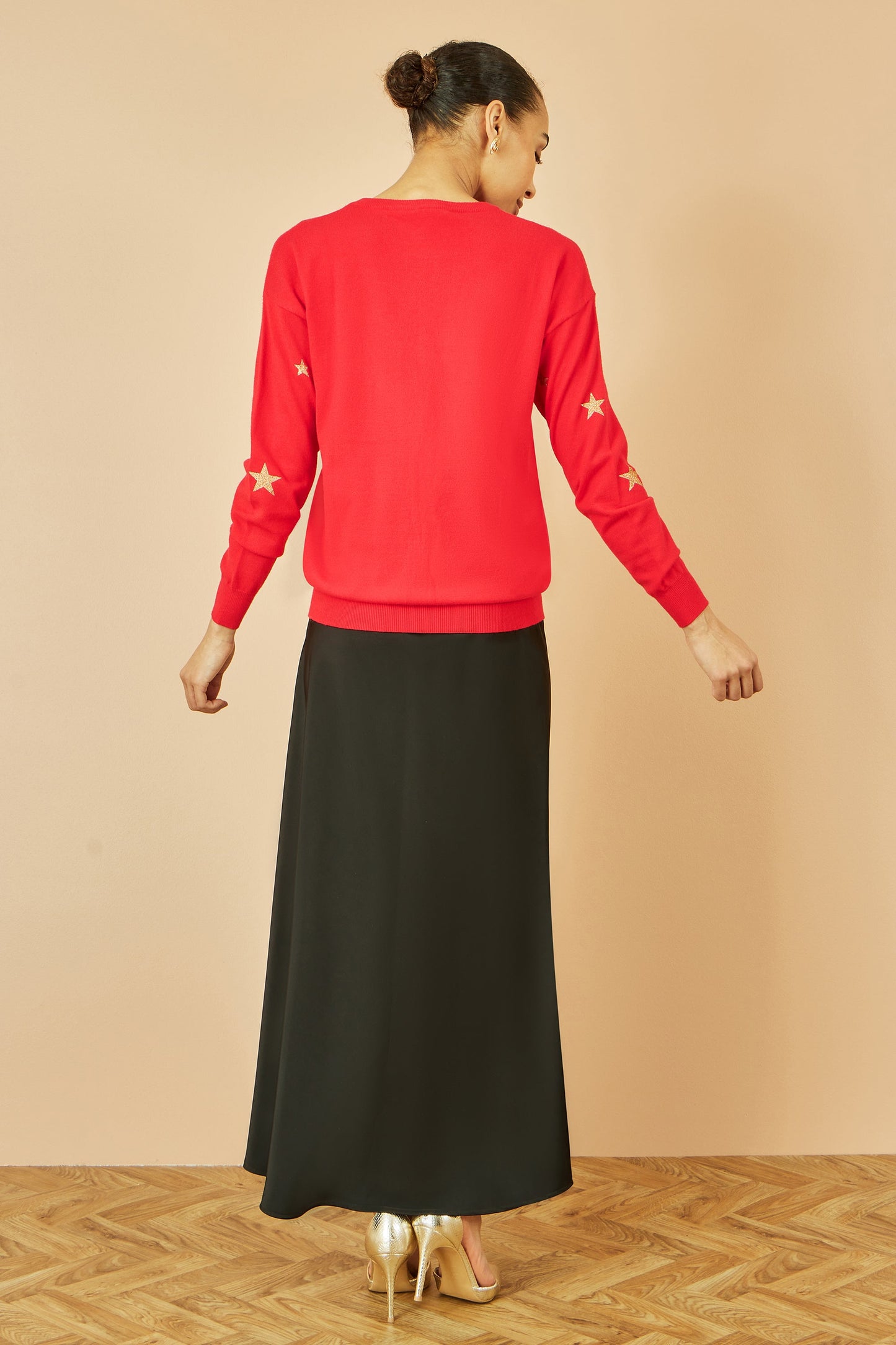 Yumi Red Gold Foil Star Print Relaxed Fit Jumper