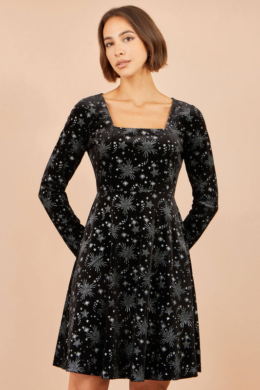 Yumi Black Starburst Foil Print Long Sleeve Skater Dress