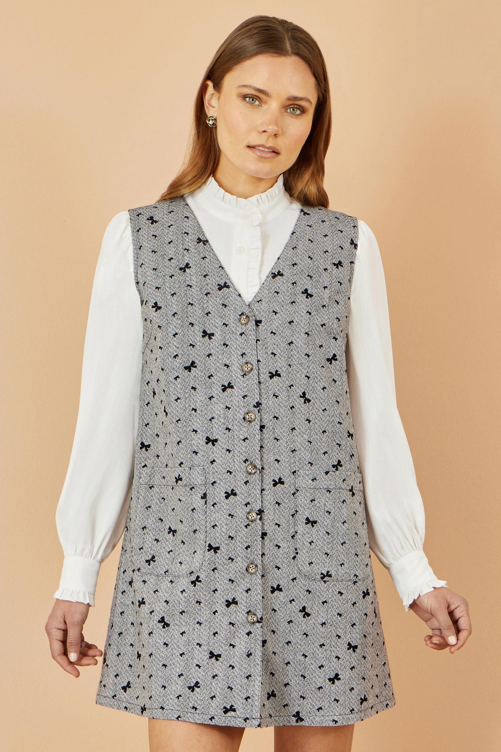 Yumi Grey Bow Print Pinafore Dress With Button Up Envy Boutique Yumi Grey Bow Print Pinafore Dress With Button Up Envy Boutique