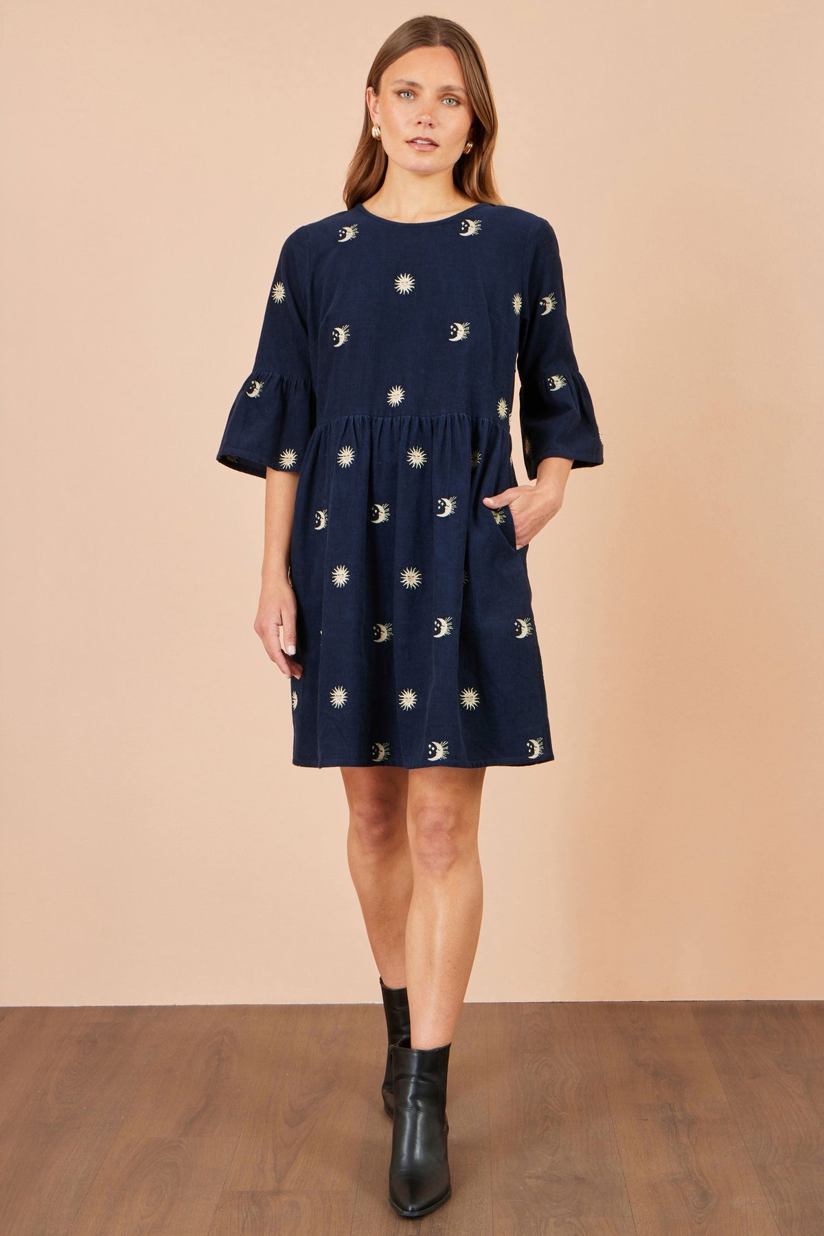 Yumi Navy Cosmic Embroidered Cord Tunic