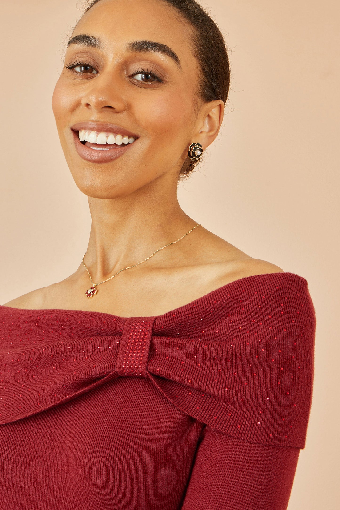 Yumi Burgundy Sparkle Bardot Jumper With Diamante Detail