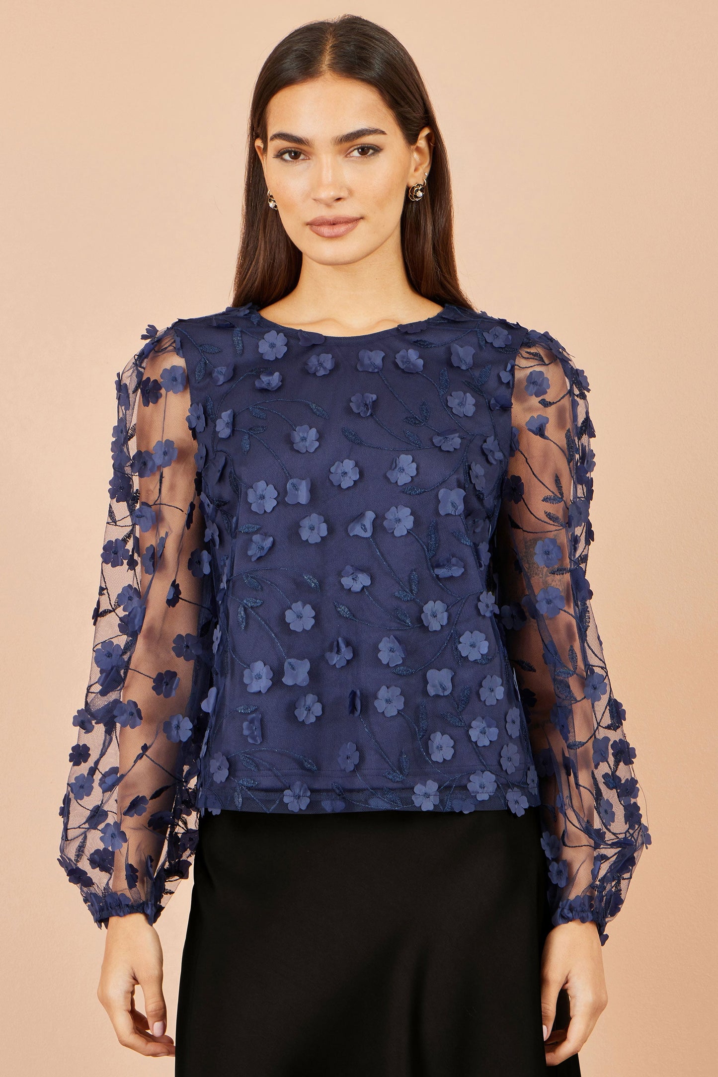 Yumi Navy Sheer Sleeve Applique Flower Top