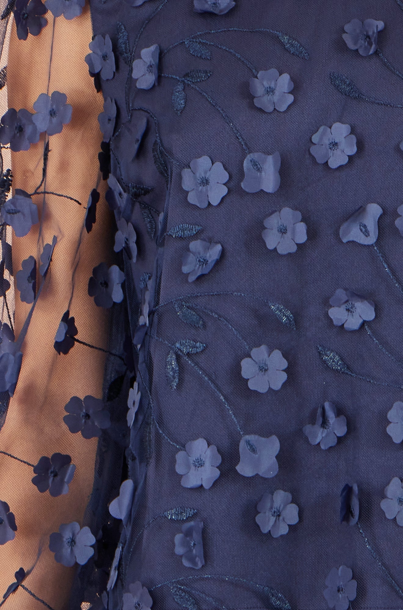 Yumi Navy Sheer Sleeve Applique Flower Top