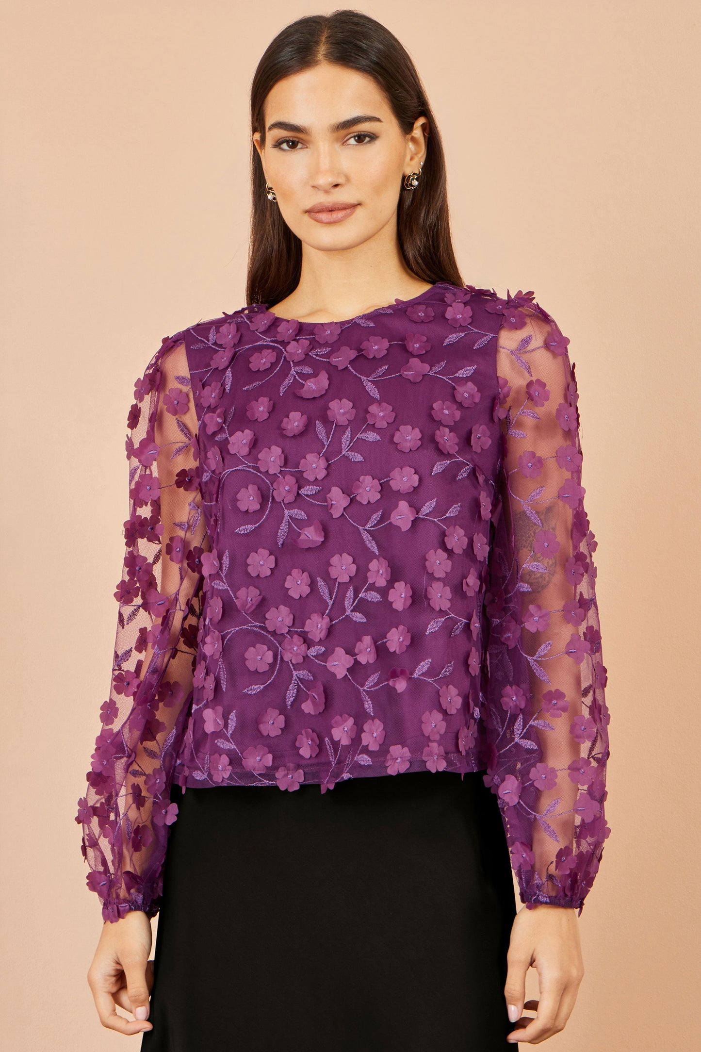 Yumi Plum Sheer Sleeve Applique Flower Top