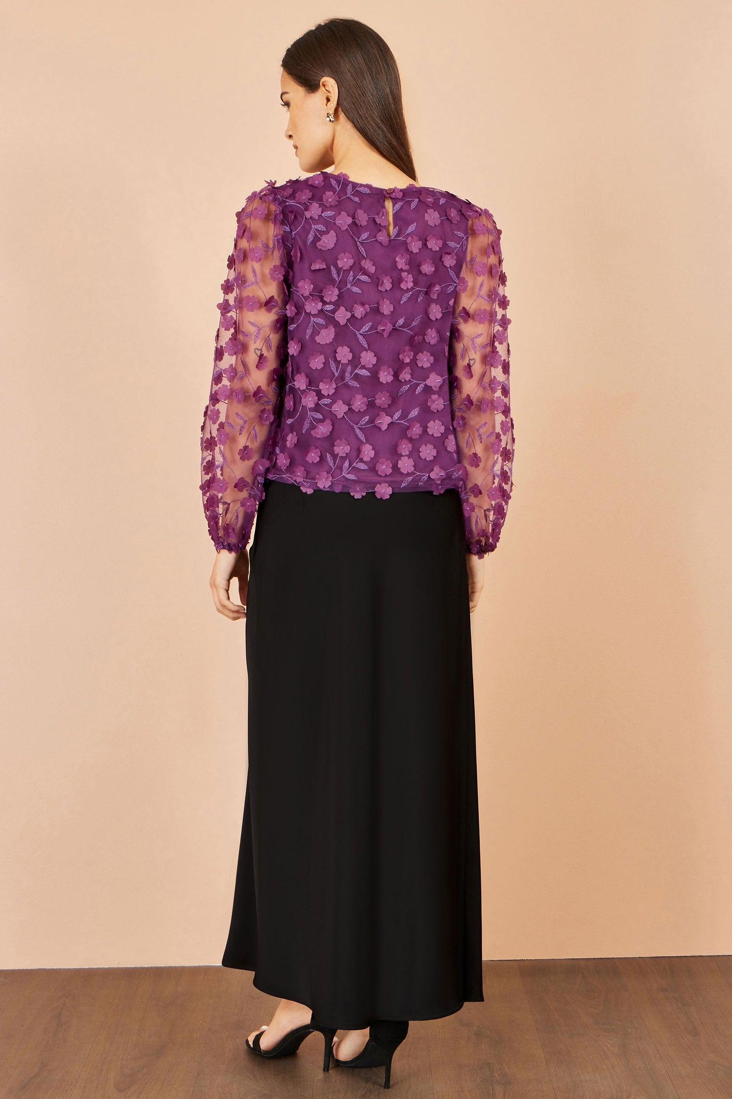 Yumi Plum Sheer Sleeve Applique Flower Top