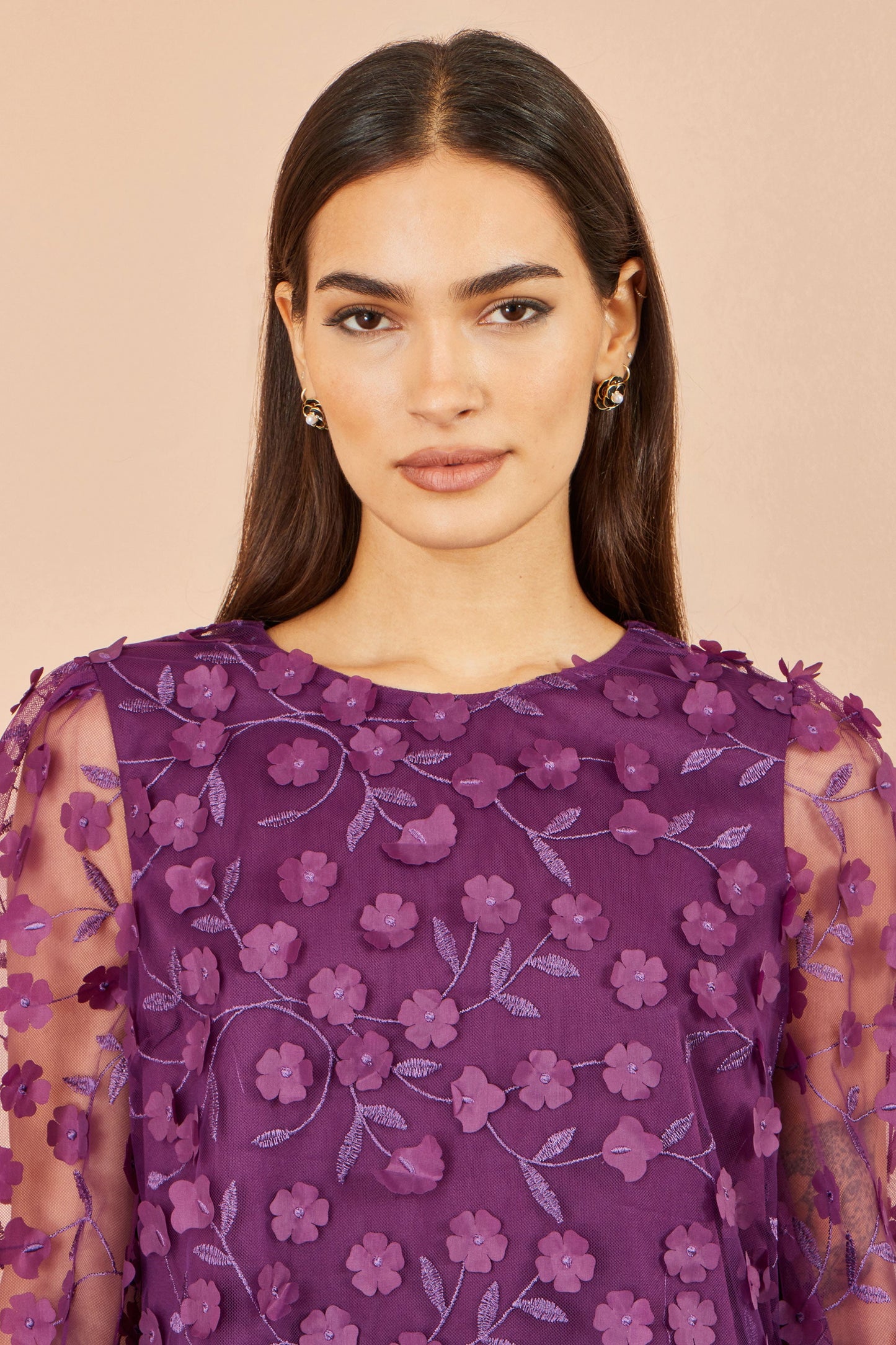 Yumi Plum Sheer Sleeve Applique Flower Top