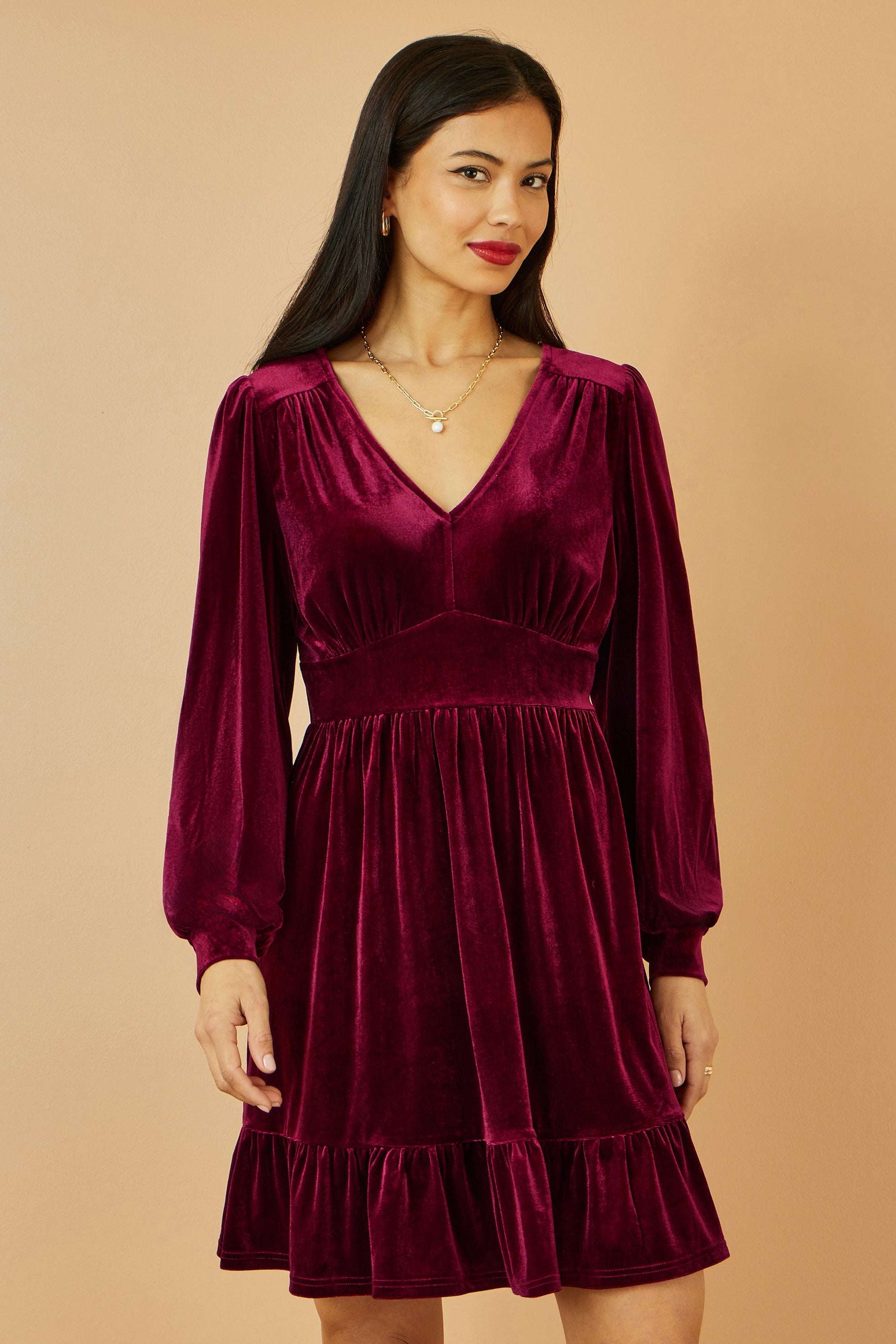Yumi Burgundy Velvet Long Sleeve Skater Dress - Burgundy / 6 Yumi Burgundy Velvet Long Sleeve Skater Dress - Burgundy / 6