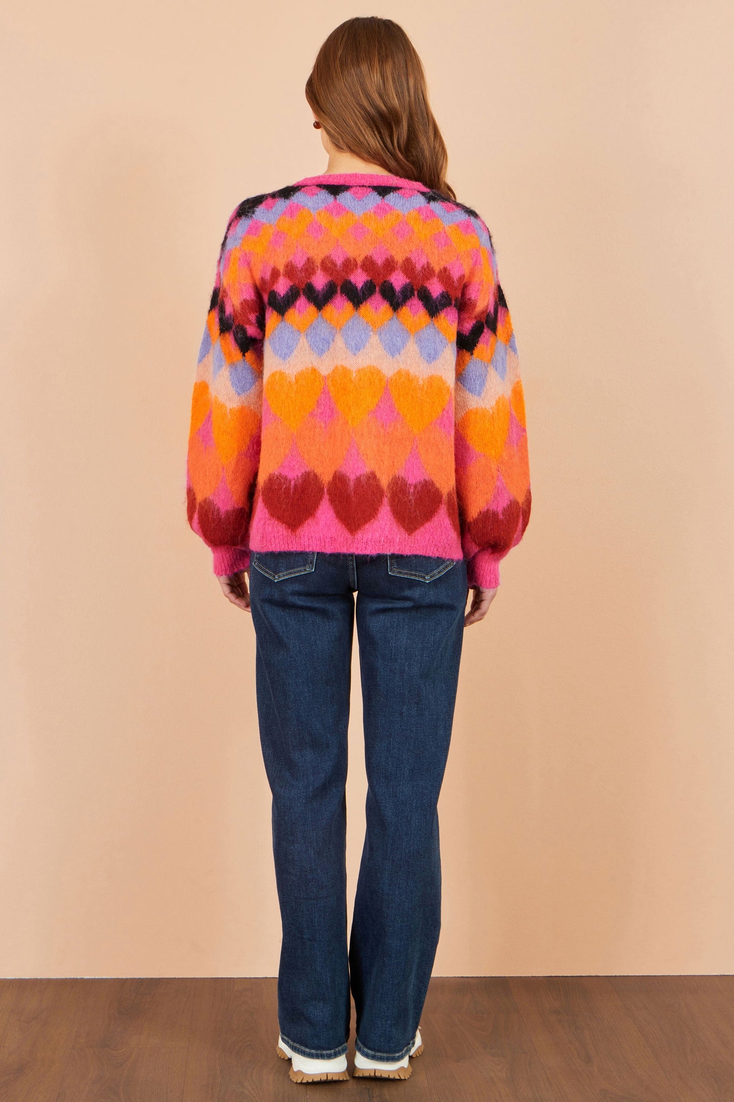 Yumi Pink Tie Front Heart Intarsia Cardigan