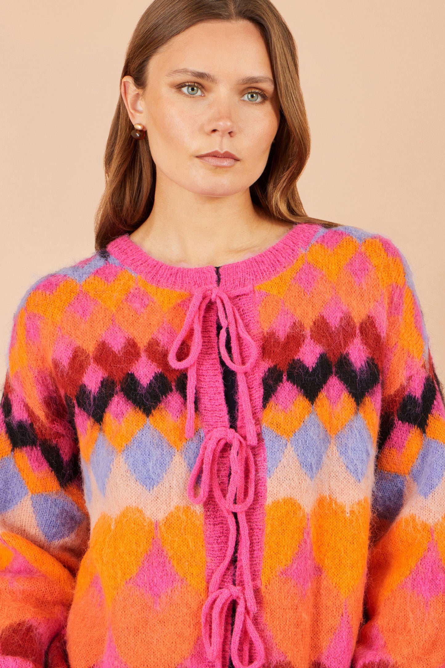 Yumi Pink Tie Front Heart Intarsia Cardigan