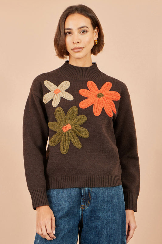 Yumi Brown Knitted High Neck Jumper With Applique Flowers