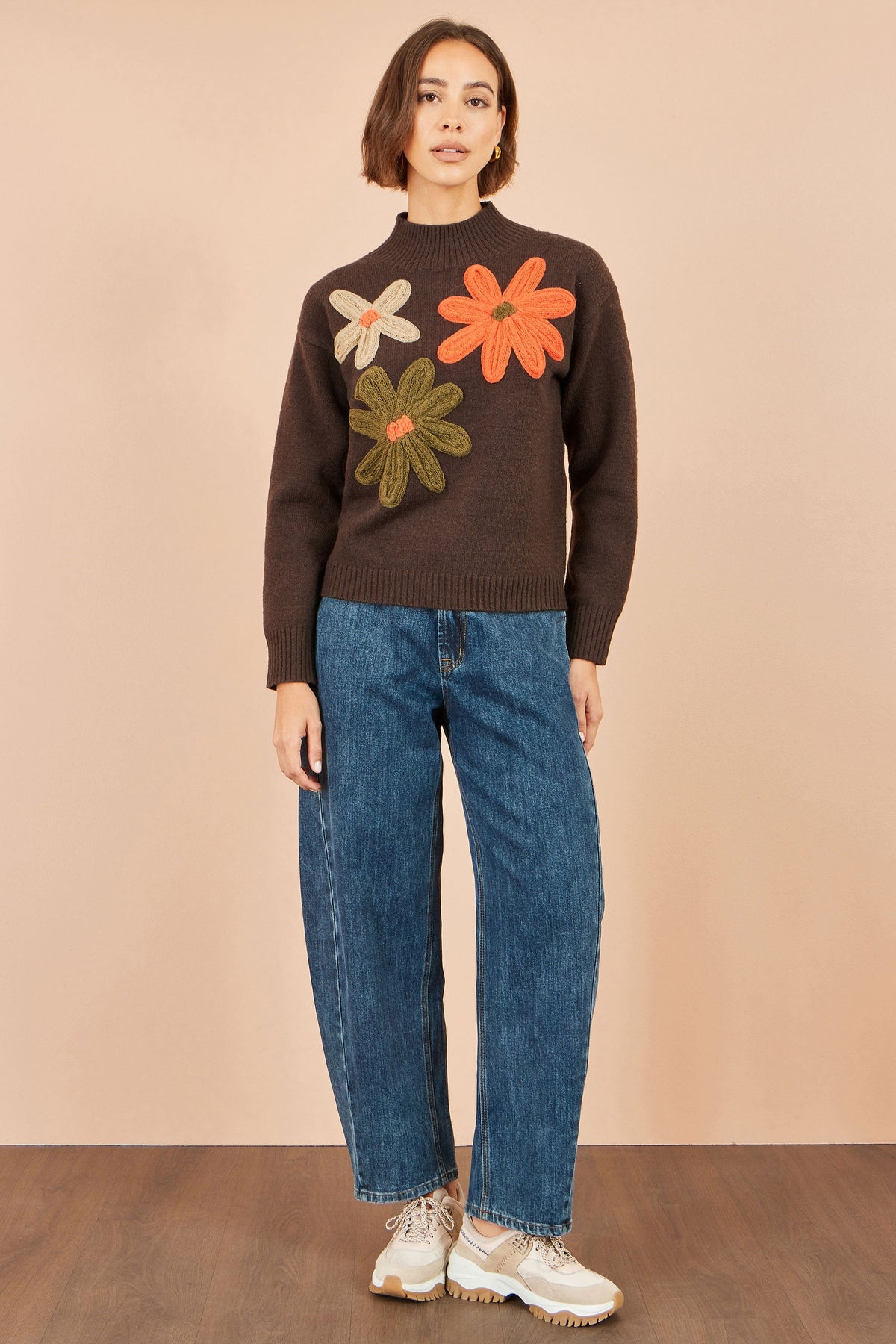 Yumi Brown Knitted High Neck Jumper With Applique Flowers