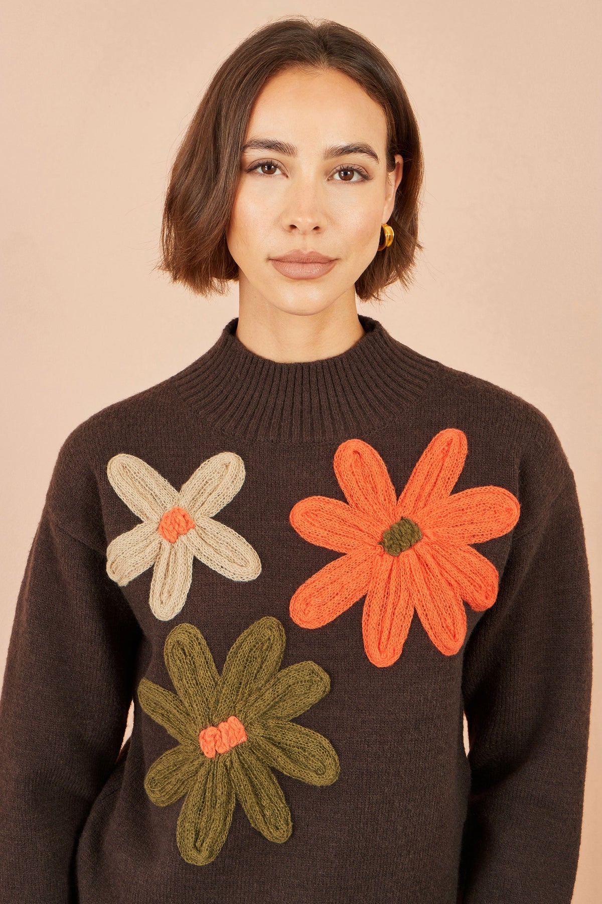 Yumi Brown Knitted High Neck Jumper With Applique Flowers