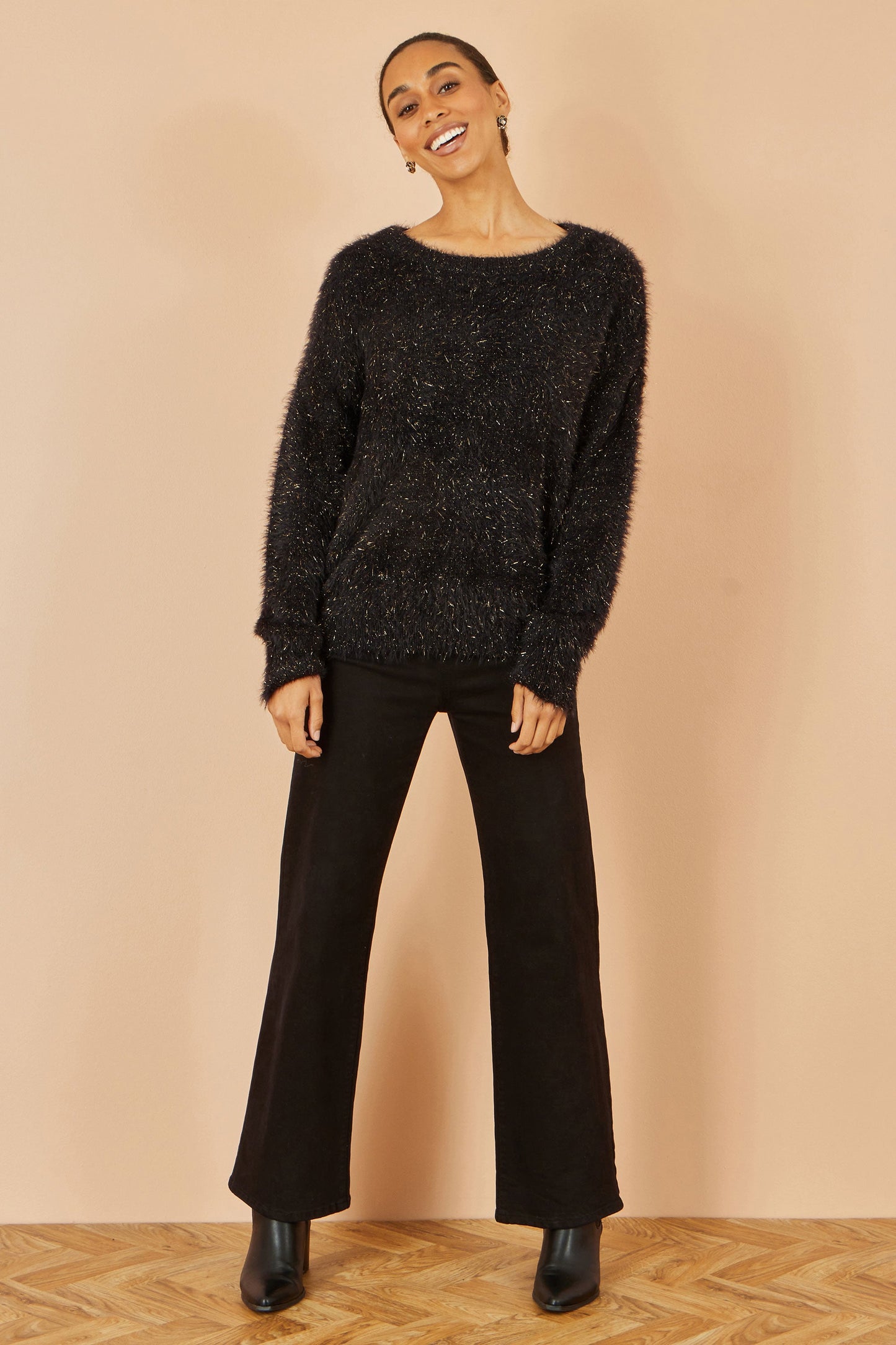 Yumi Black Metallic Fluffy Eyelash Relaxed Jumper