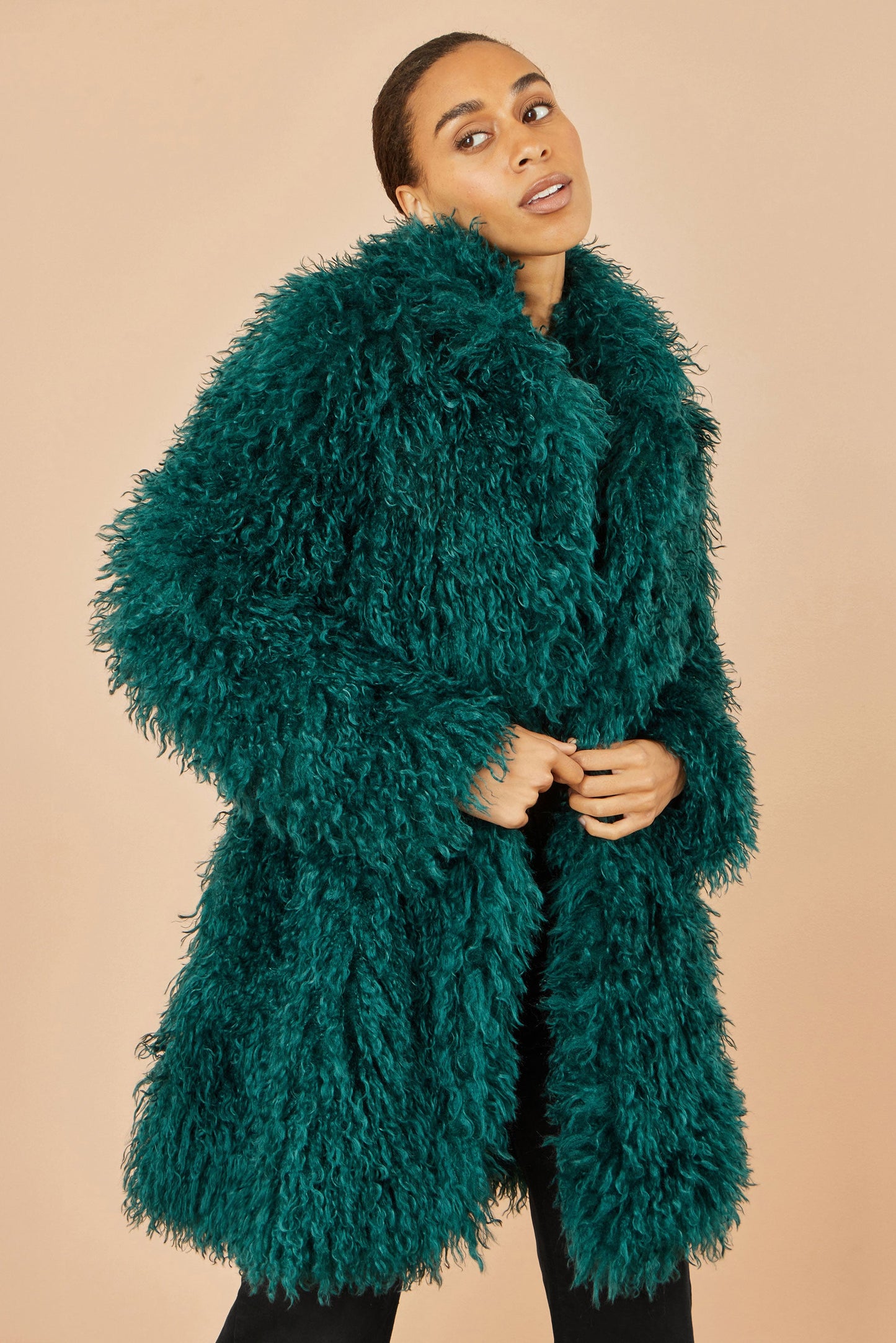 Yumi Teal Luxe Long Hair Fur Coat