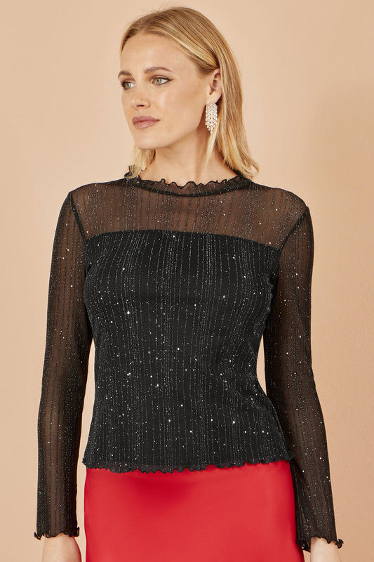 Yumi Black Sparkle Print Mesh Stretch Fitted Top