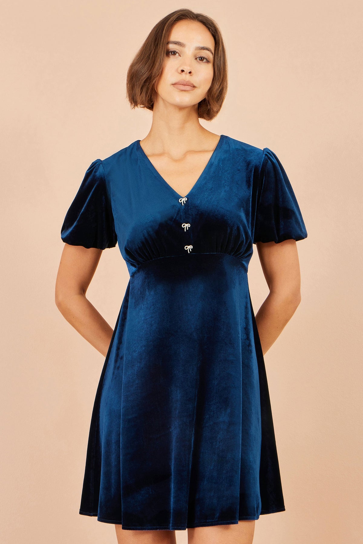 Yumi Navy Velvet Skater Dress With Dimante Bow Detail