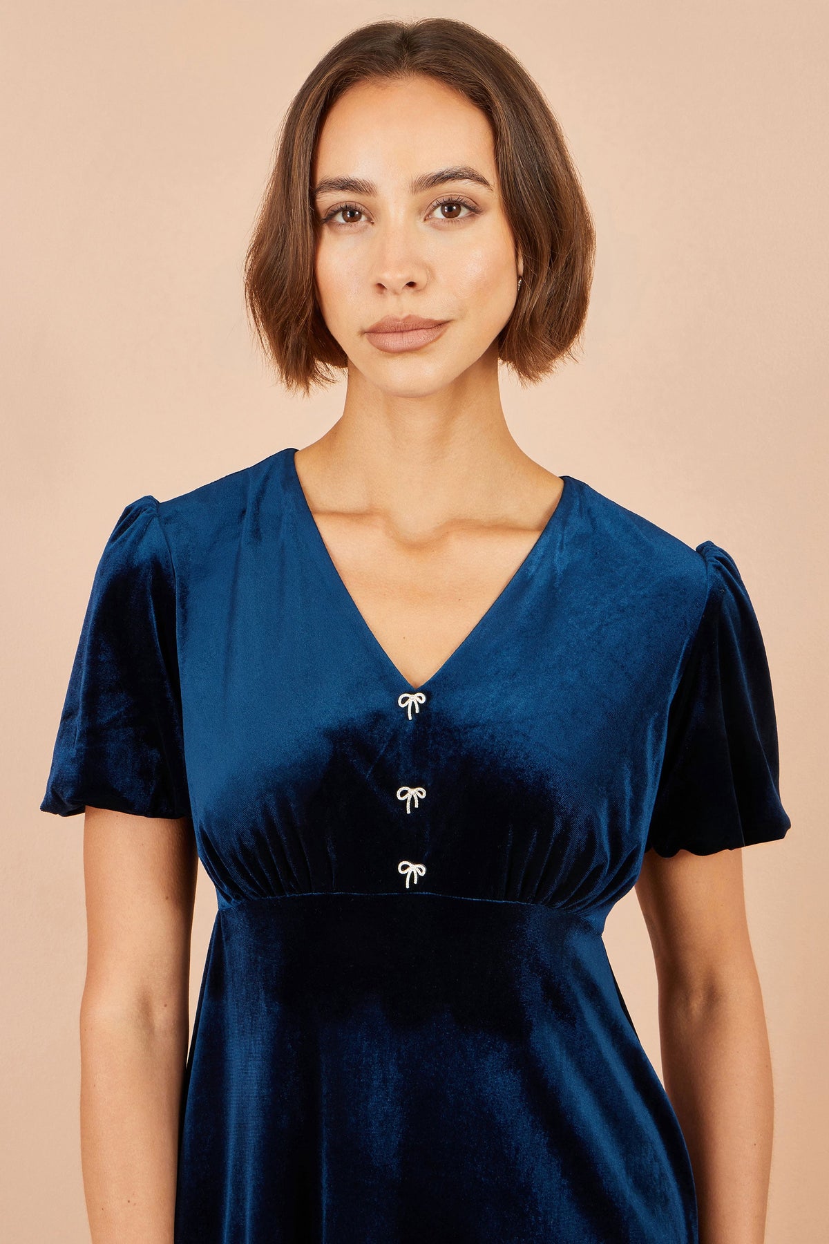 Yumi Navy Velvet Skater Dress With Dimante Bow Detail