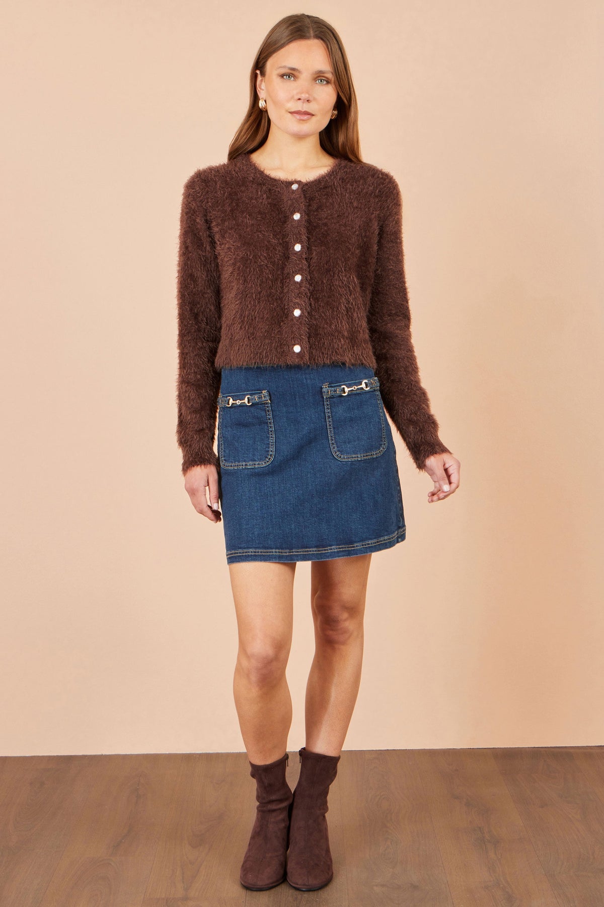 Yumi Brown Eyelash Knit Cropped Cardigan