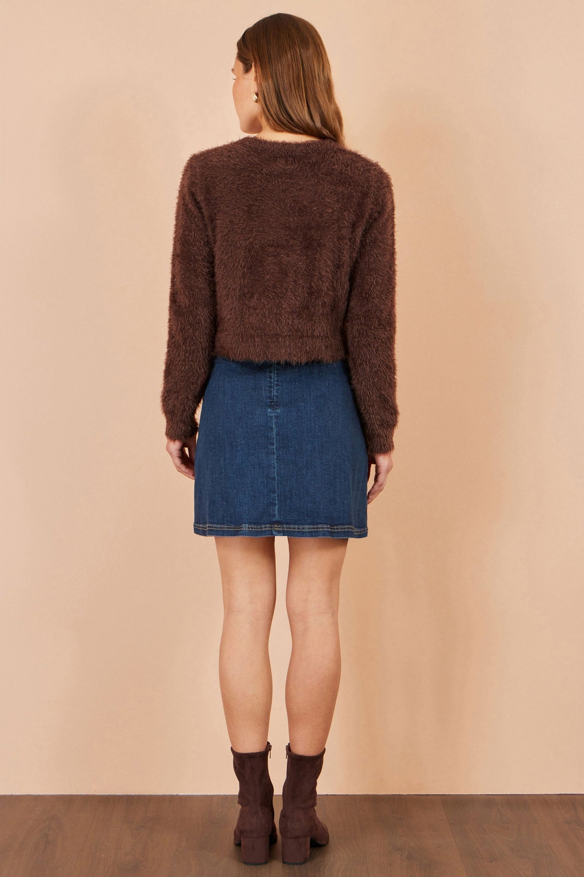 Yumi Brown Eyelash Knit Cropped Cardigan