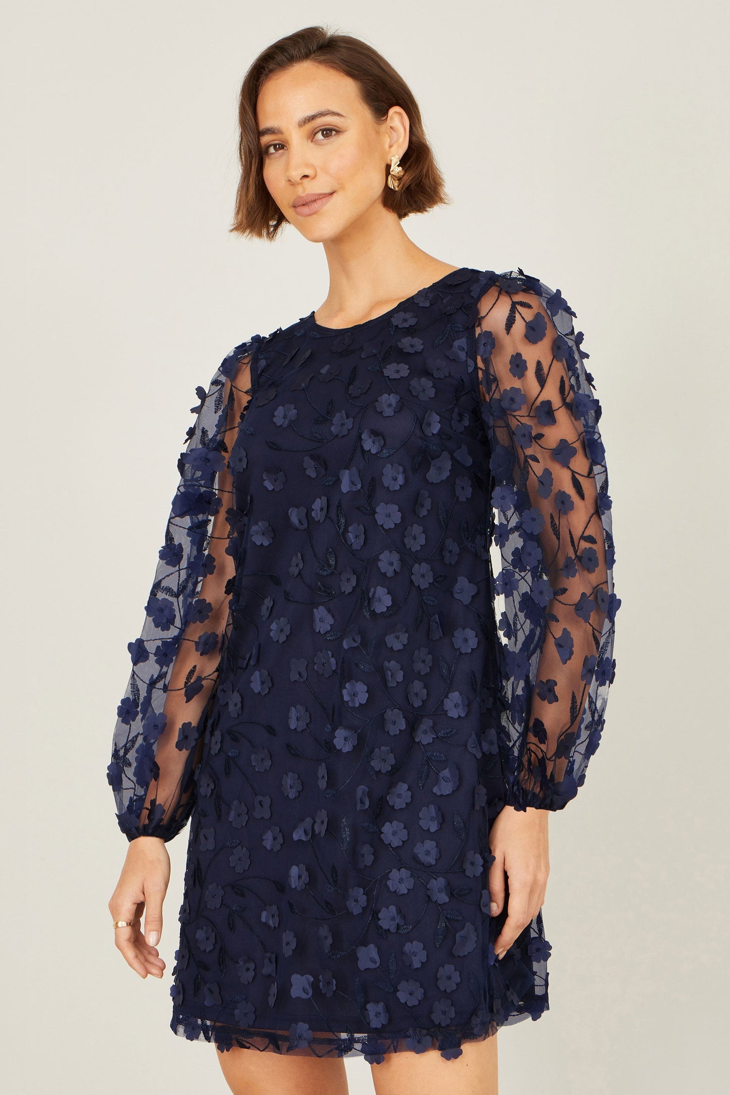 Yumi Navy Long Sleeve Floral Applique Tunic