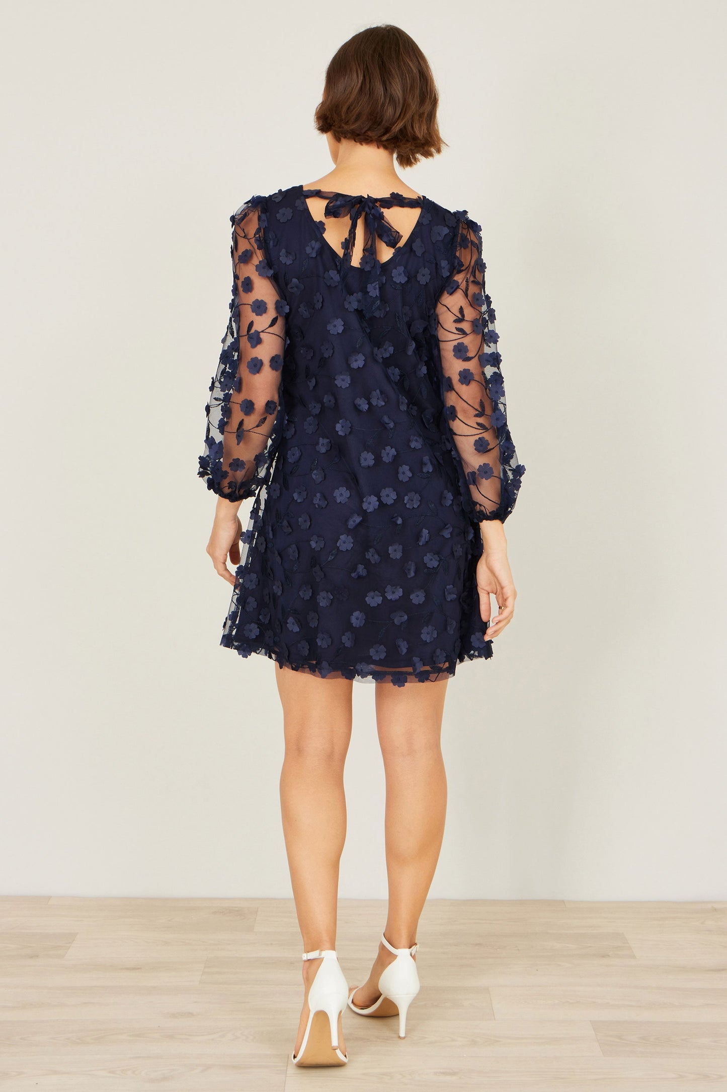 Yumi Navy Long Sleeve Floral Applique Tunic