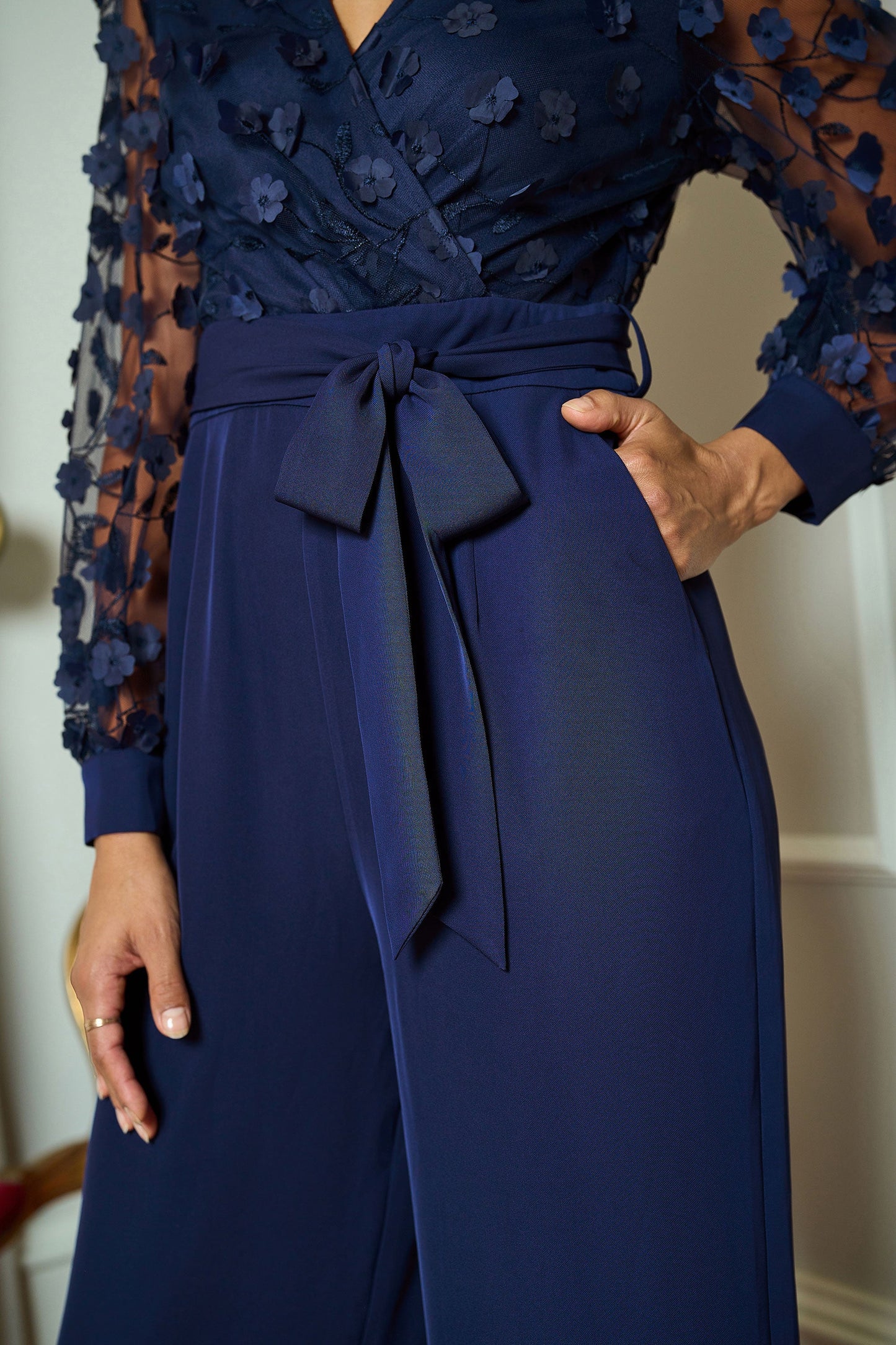Yumi Navy Flower Applique Jumpsuit