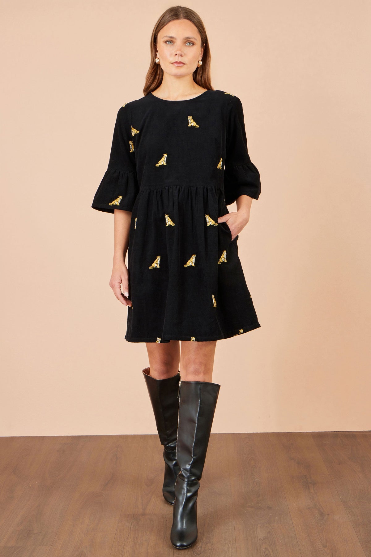 Yumi Black Leopard Embroidered Cord Tunic