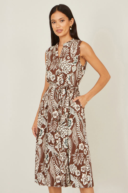 Yumi Brown Leaf Print Shirt Dress