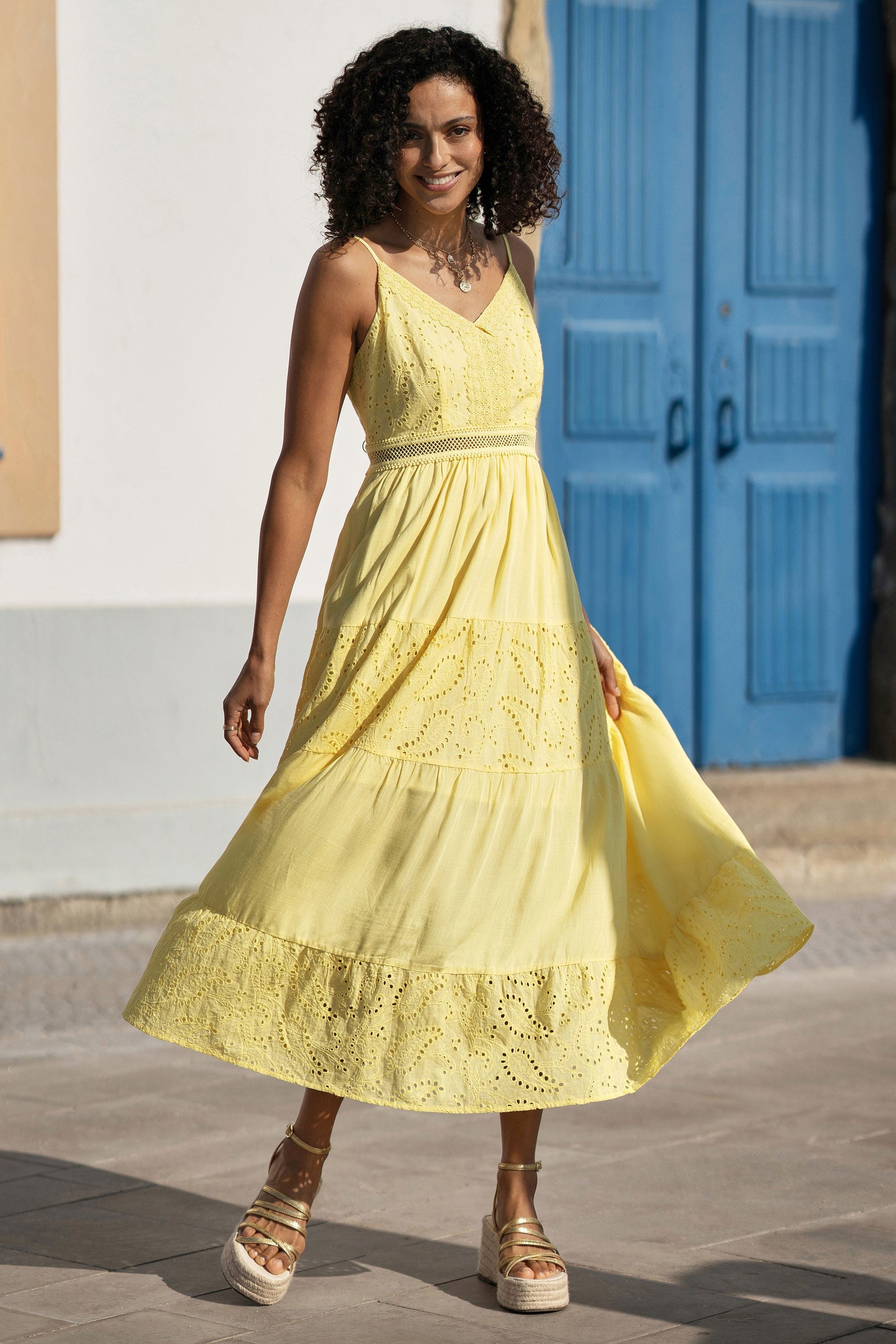butter yellow cotton dress Butter Yellow Handspun Cotton Deep-V Maxi Tier Dress 42" / Regular (5'2"