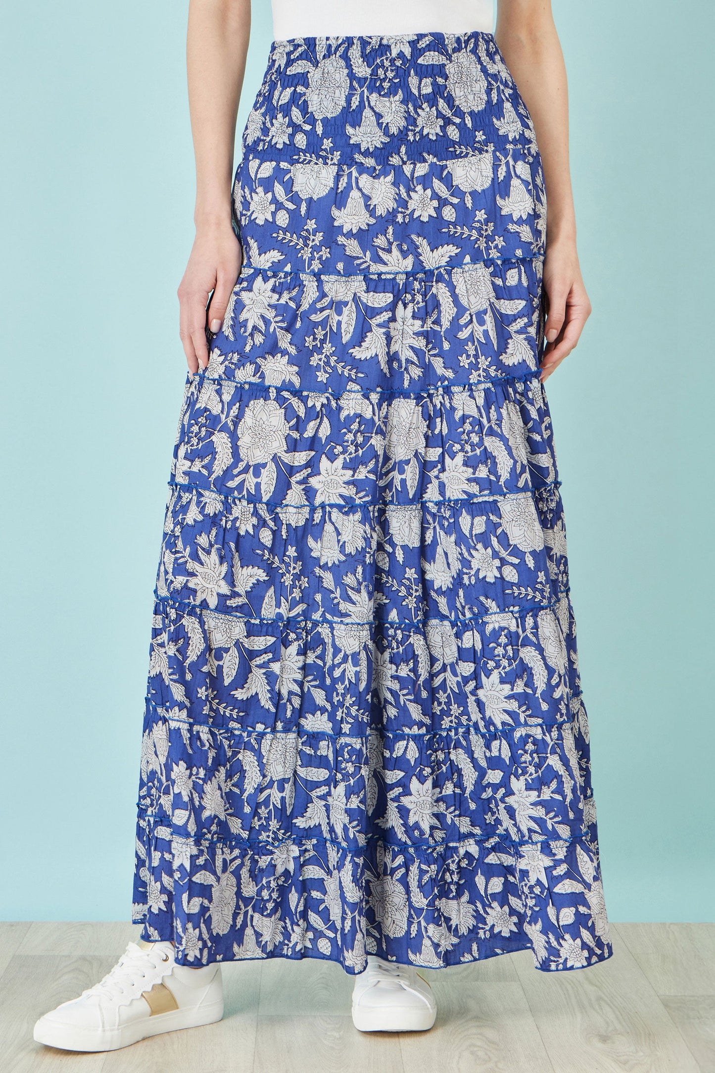 Yumi Blue Floral Cotton Tiered Maxi Skirt