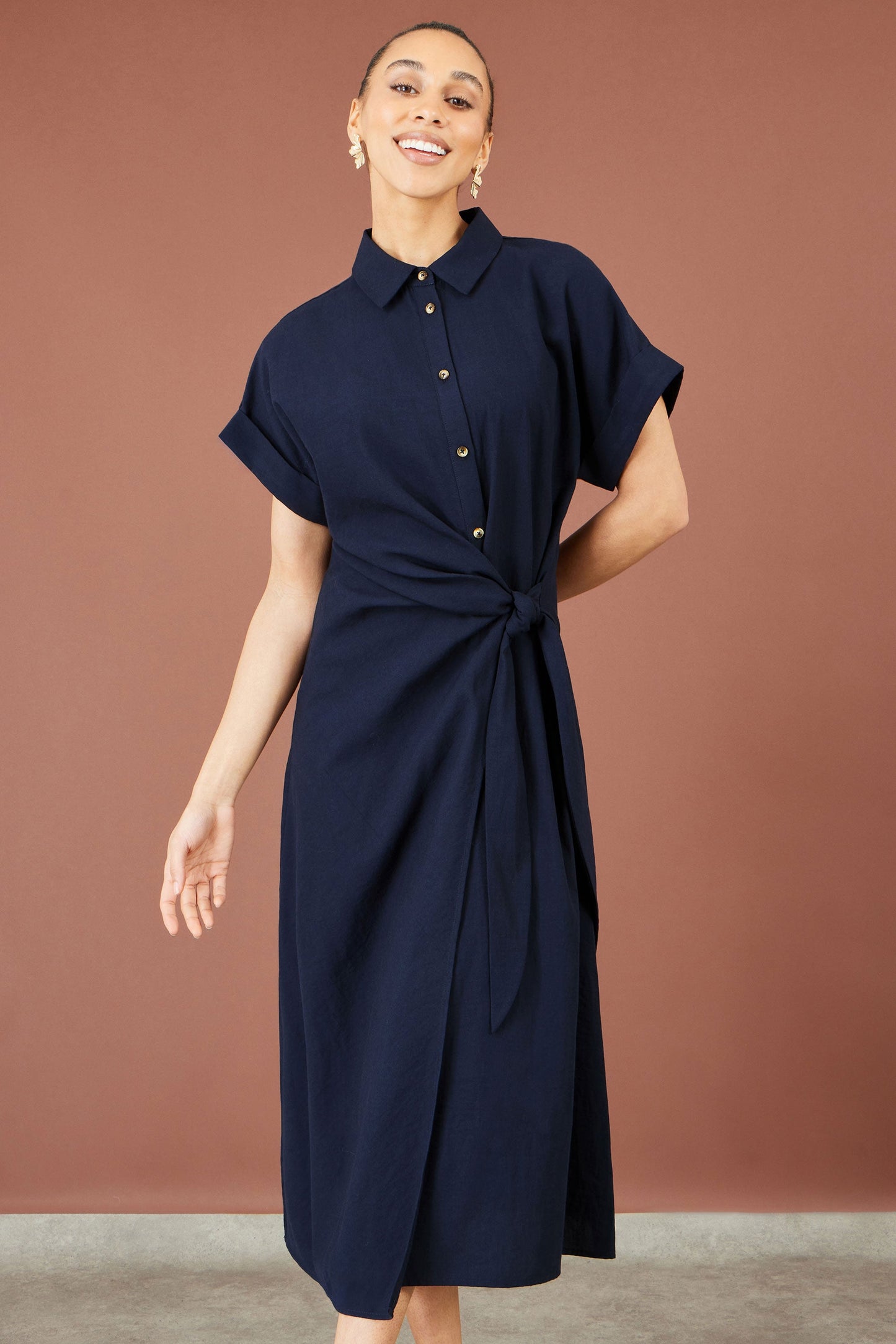 Yumi Navy Wrap Tie Midi Shirt Dress