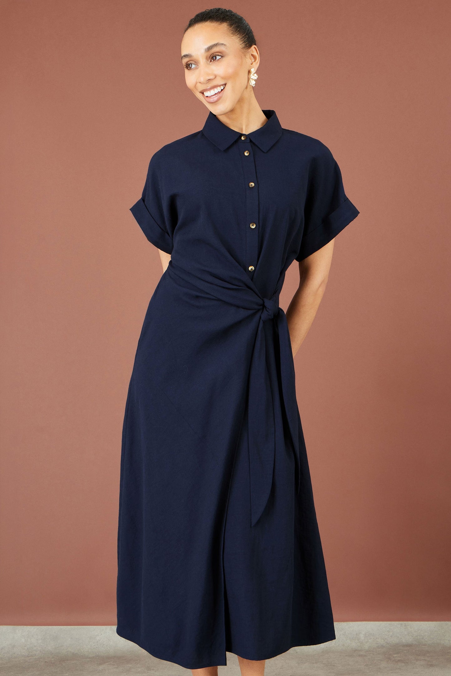 Yumi Navy Wrap Tie Midi Shirt Dress