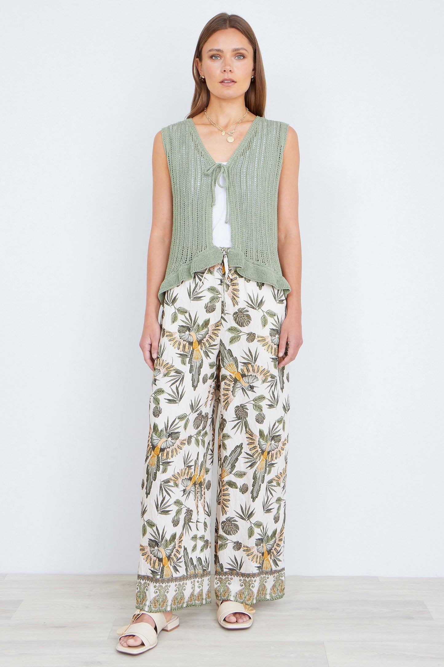 Yumi Green Bird Print Viscose Wide Leg Trousers