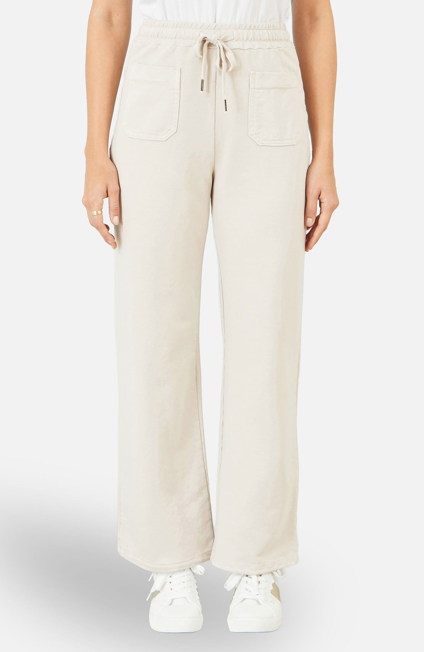 Yumi Cream Relaxed Stretch Wide Leg Trousers With Pockets