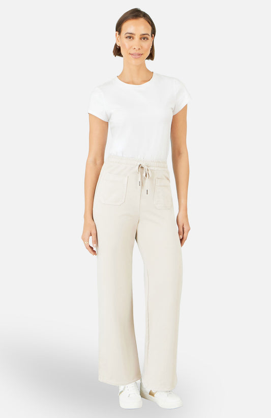 Yumi Cream Relaxed Stretch Wide Leg Trousers With Pockets