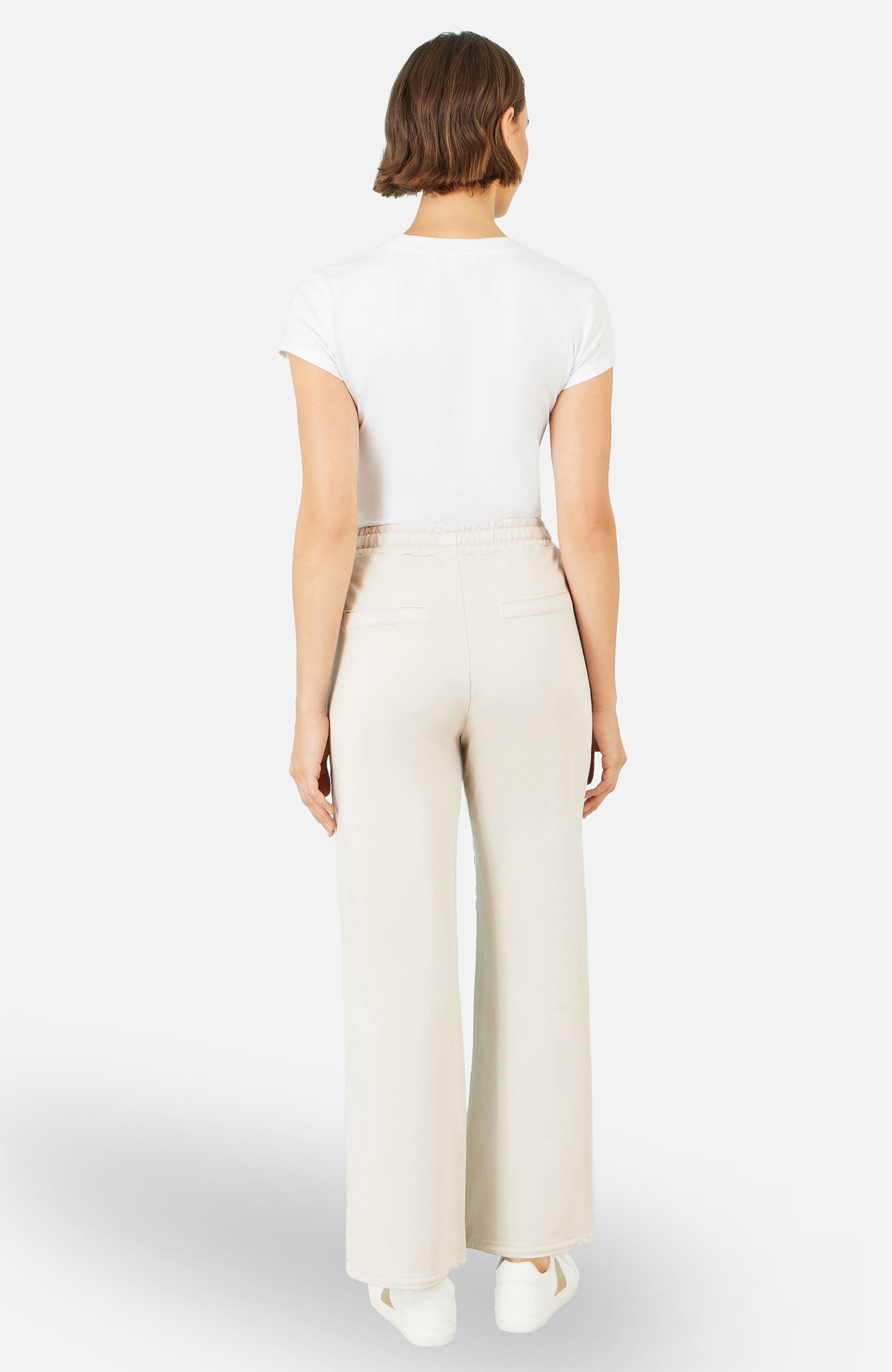 Yumi Cream Relaxed Stretch Wide Leg Trousers With Pockets