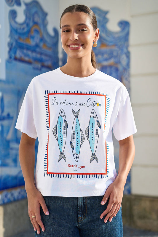 Yumi White Cotton Summer Motif T-Shirt