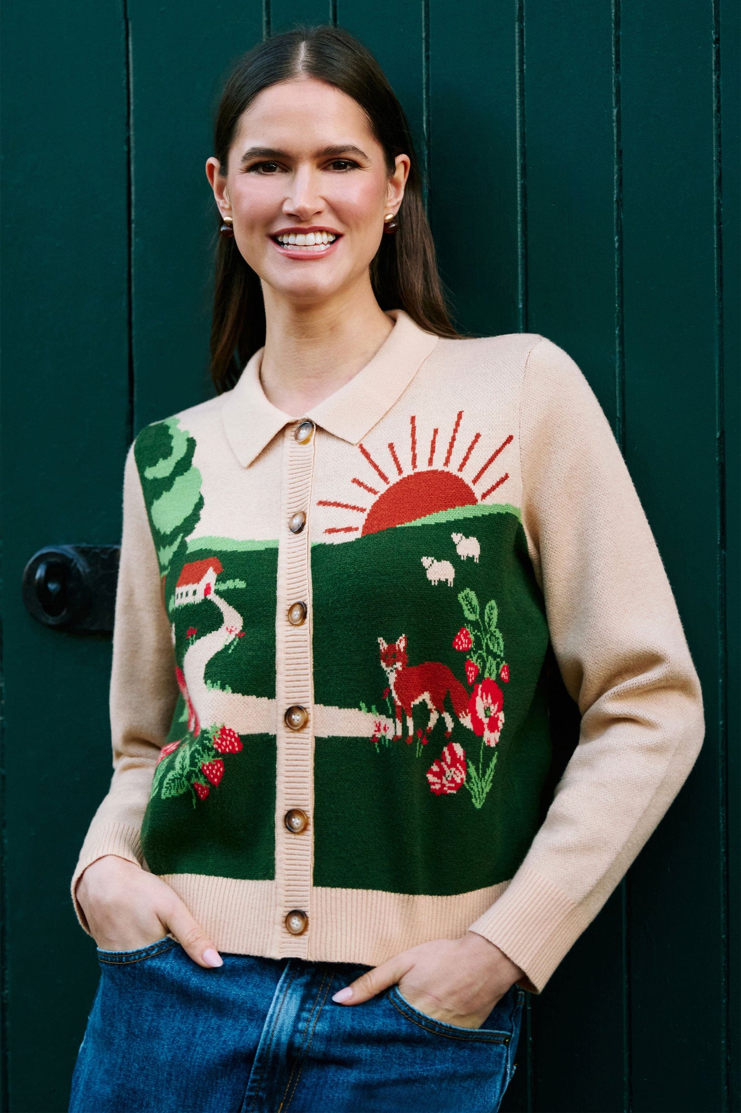 Yumi Beige Fox Scene Viscose Knitted Box Jacket