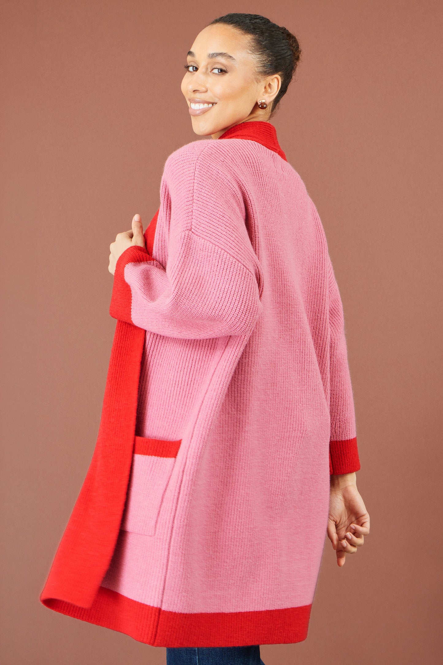 Yumi Pink Contrast Knitted Cardigan