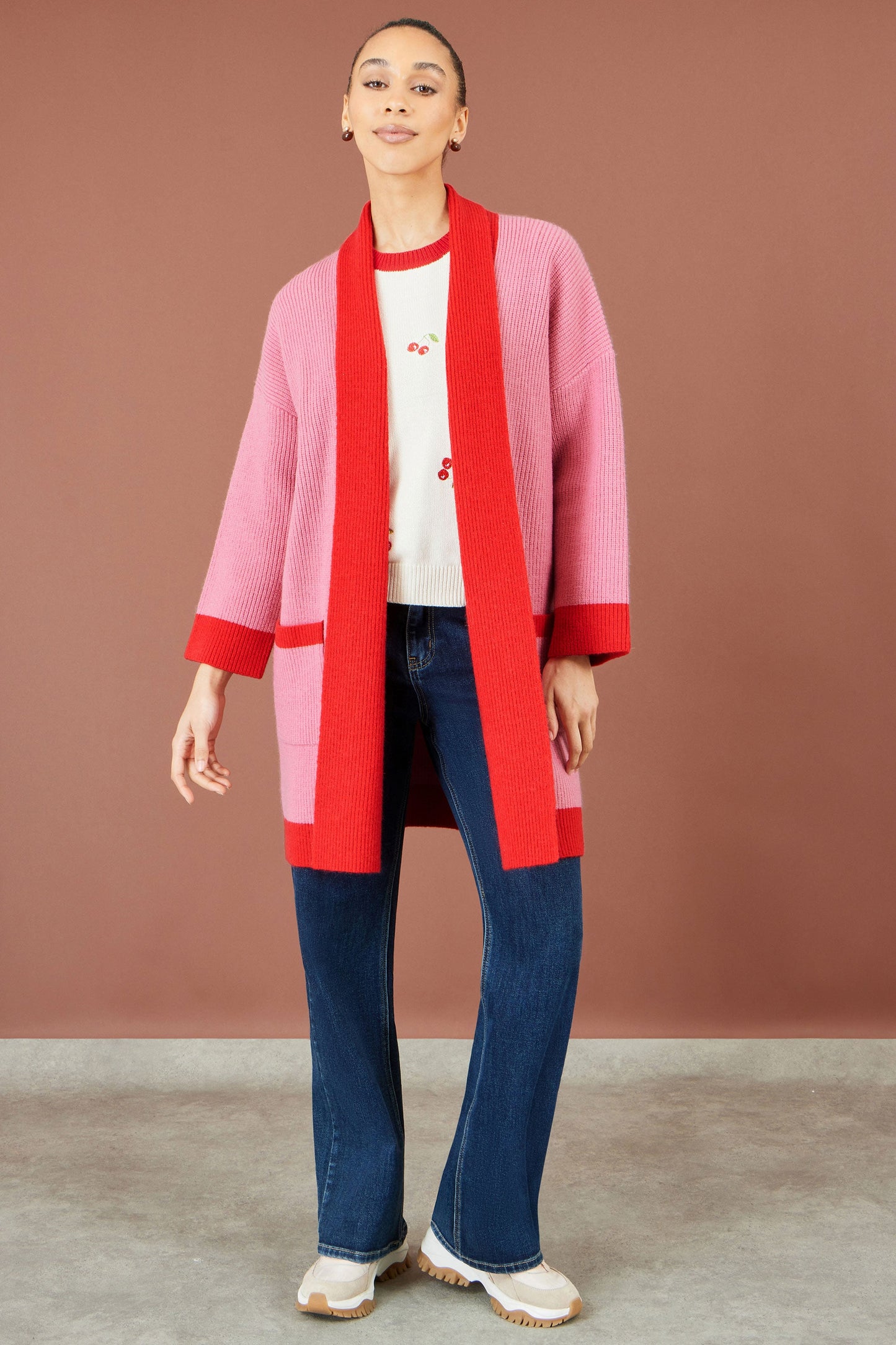 Yumi Pink Contrast Knitted Cardigan