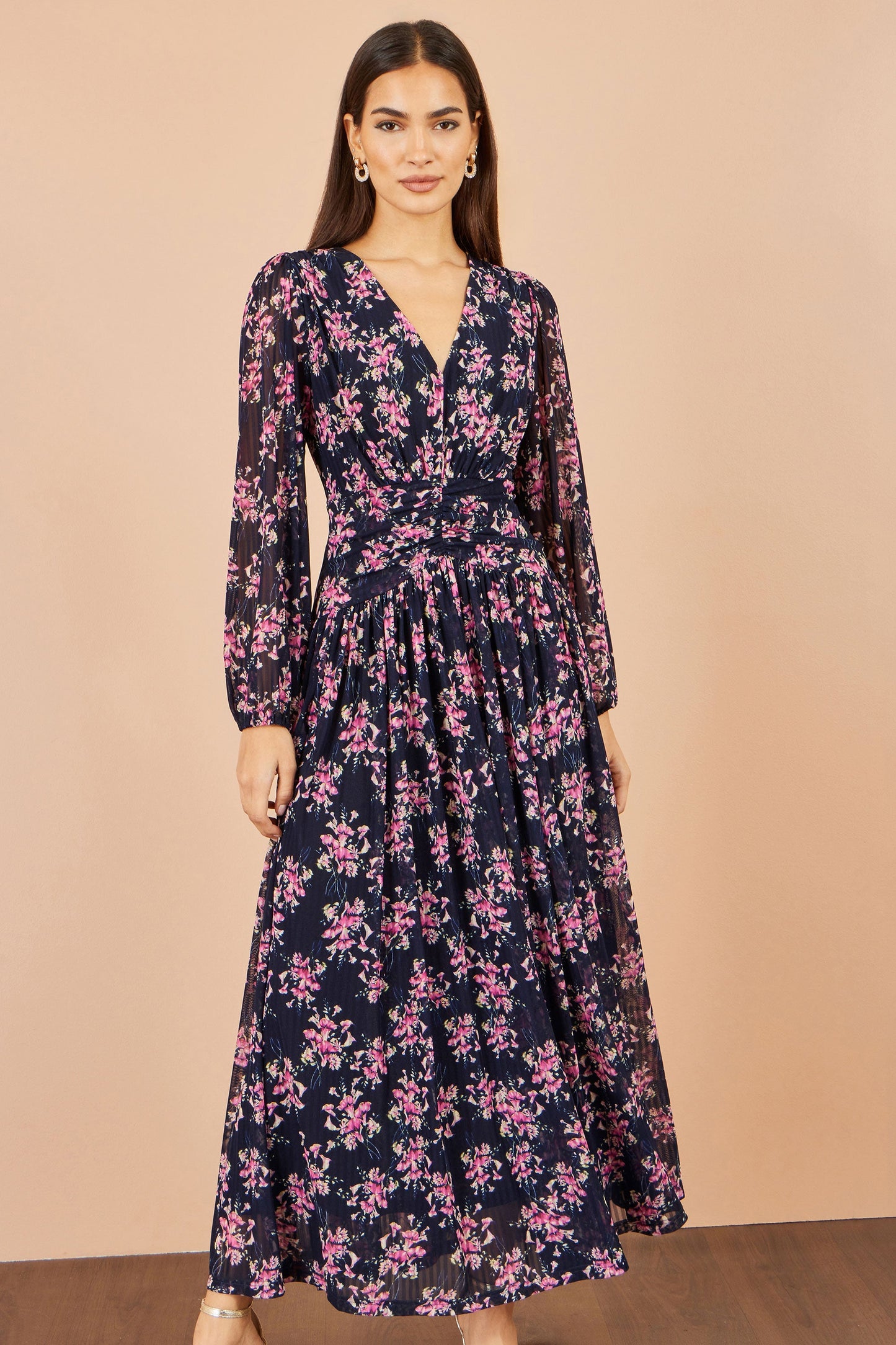 Yumi Navy Floral Mesh Ruched Waist Maxi Dress