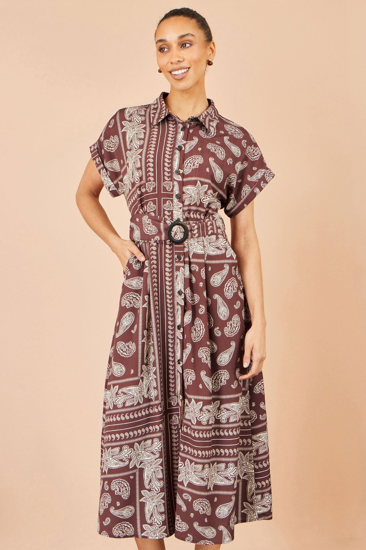Yumi Brown Scarf Print Midi Shirt Dress