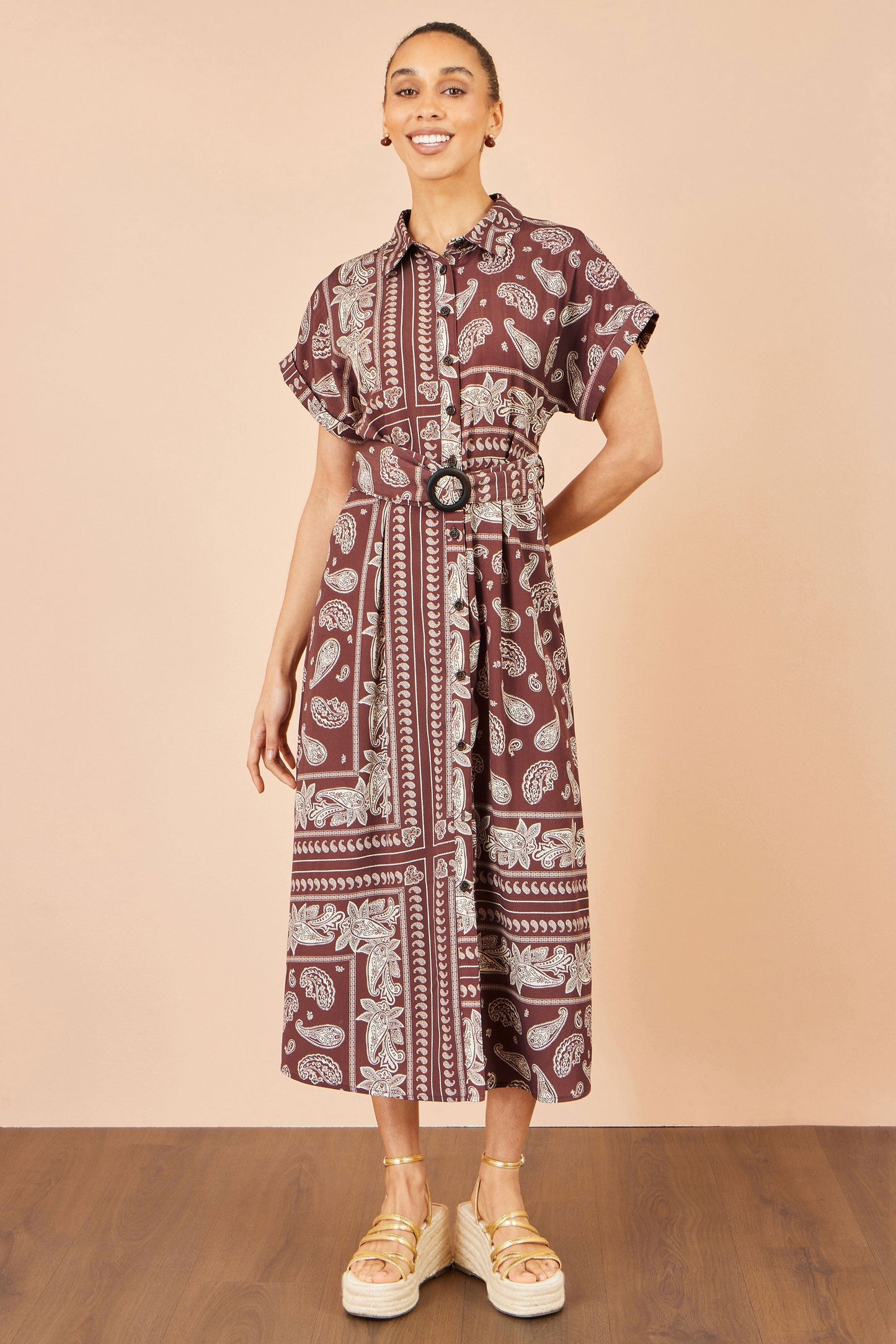 Yumi Brown Scarf Print Midi Shirt Dress