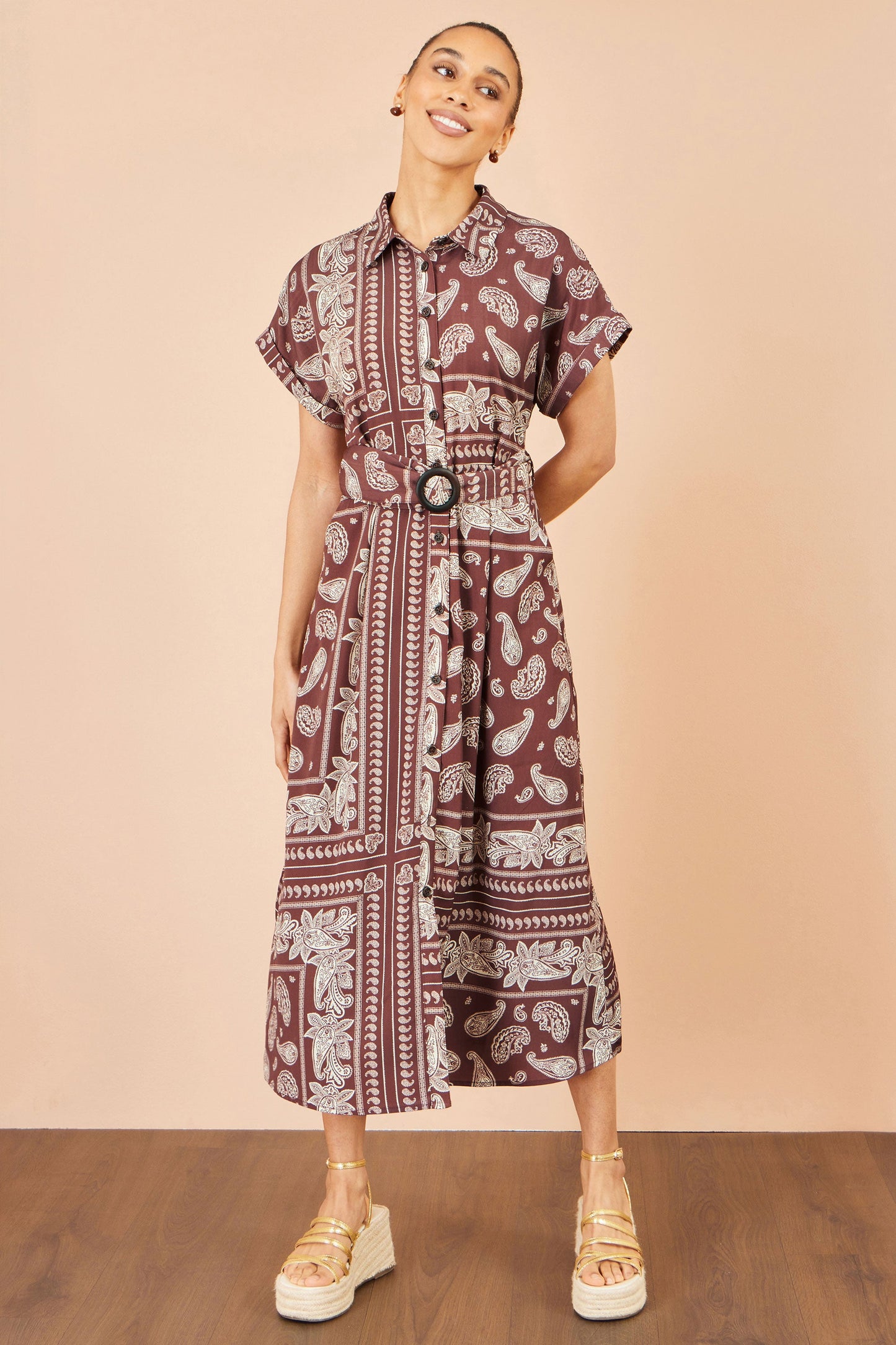 Yumi Brown Scarf Print Midi Shirt Dress
