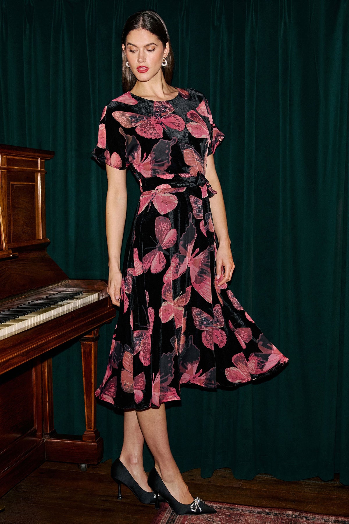 Yumi Black Velvet Butterfly Midi Dress