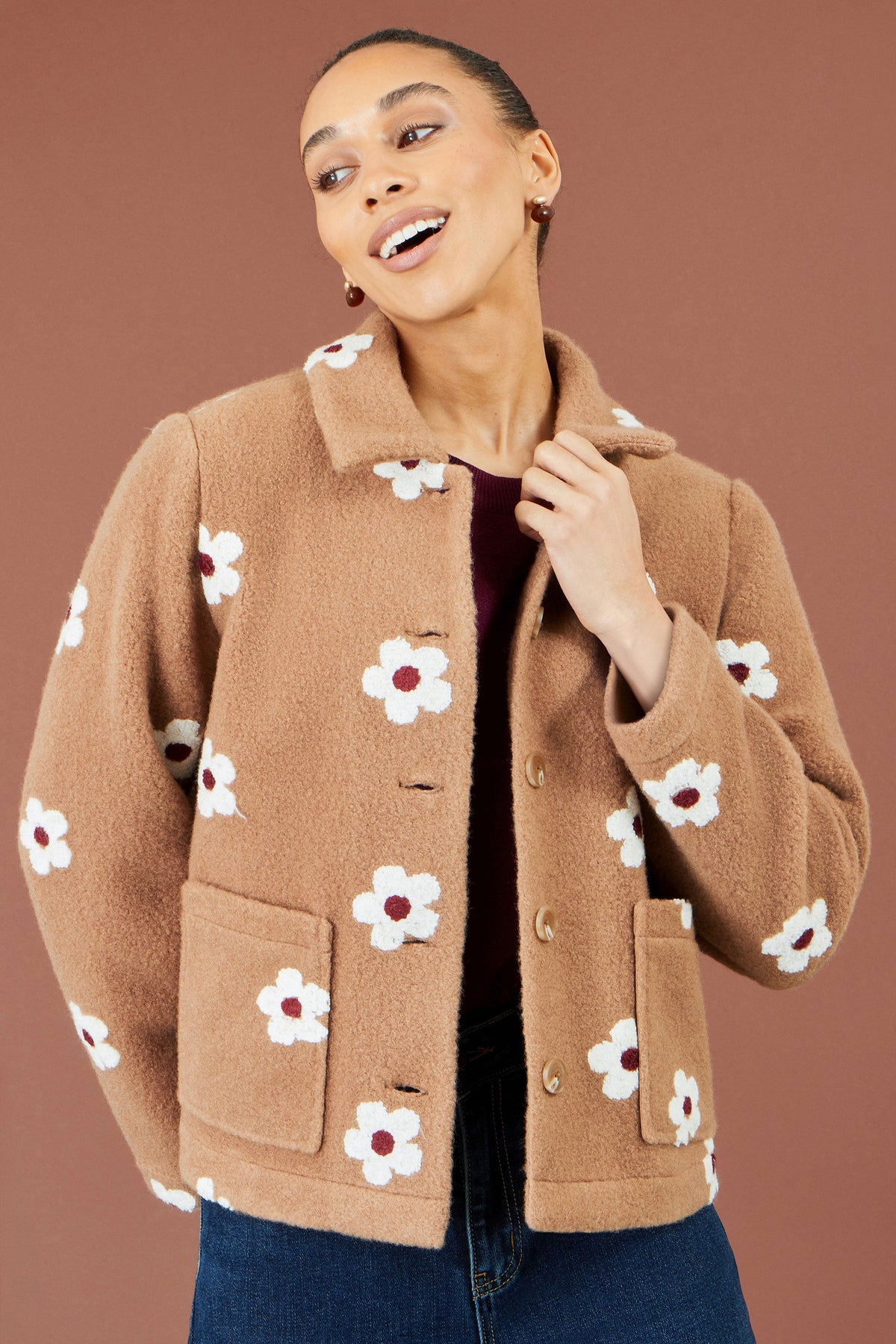 Yumi Brown Embroidered Daisy Fleece Jacket