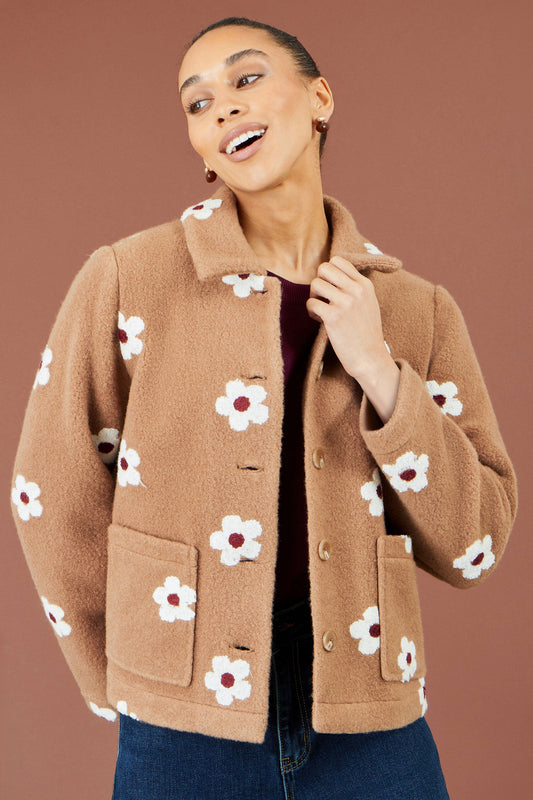 Yumi Brown Embroidered Daisy Fleece Jacket
