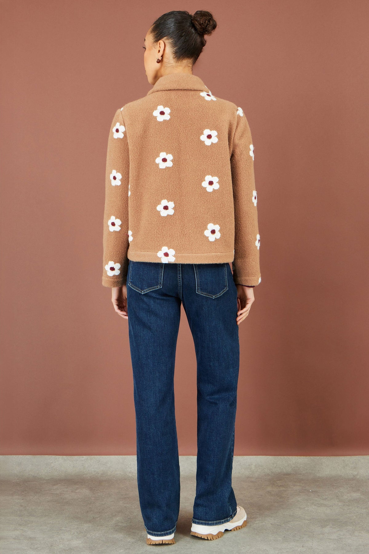 Yumi Brown Embroidered Daisy Fleece Jacket