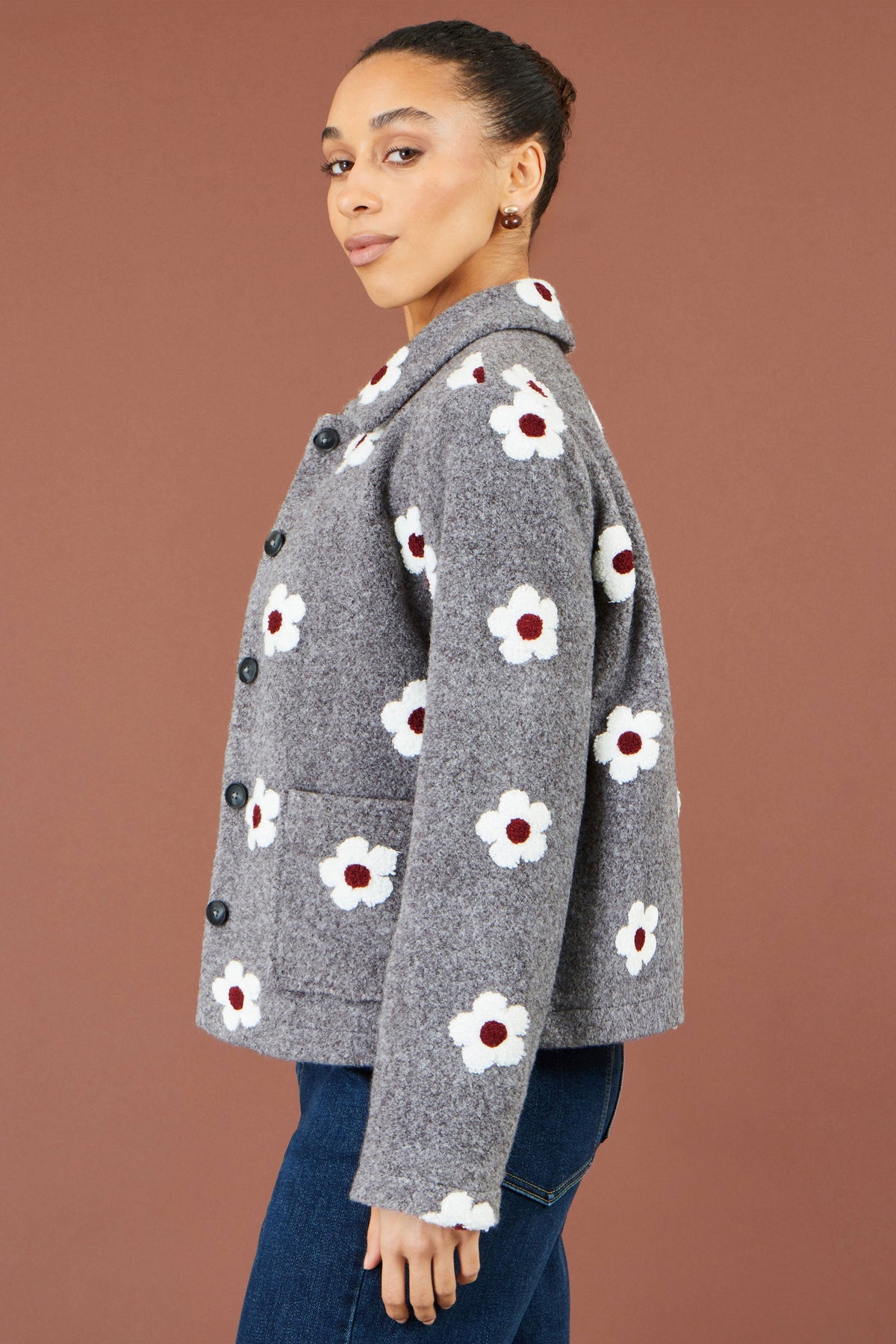 Yumi Grey Embroidered Daisy Fleece Jacket