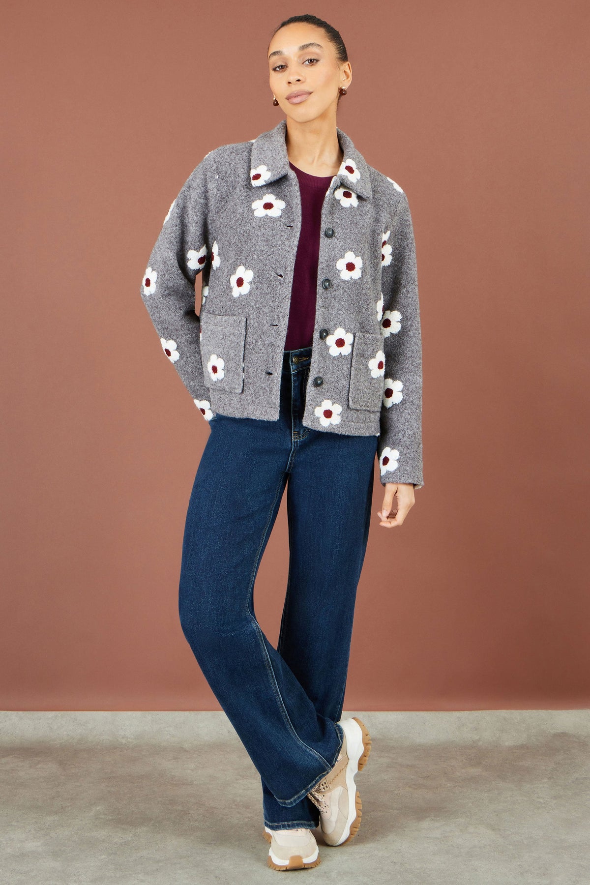 Yumi Grey Embroidered Daisy Fleece Jacket